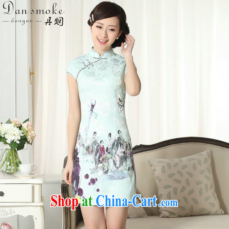 Bin Laden smoke summer new female lady stylish jacquard cotton cultivating short cheongsam dress Chinese is a hard-pressed for the cheongsam dress such as the color 2 XL, bin Laden smoke, shopping on the Internet