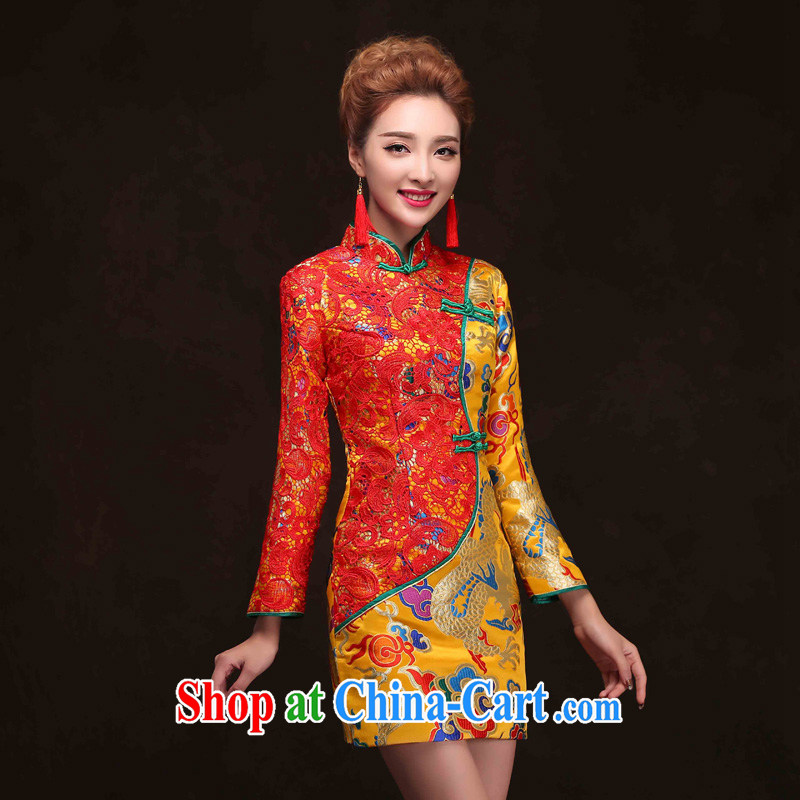 Su-wo Service Bridal wedding gown, improved Chinese marriage long-sleeved robes bows clothes 2015 new summer Gold Red bridal dresses, short dress yellow XXL, diffuse Connie married Yi, shopping on the Internet