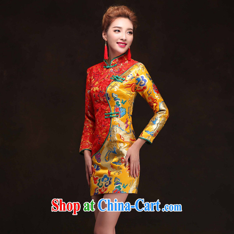 Su-wo Service Bridal wedding gown, improved Chinese marriage long-sleeved robes bows clothes 2015 new summer Gold Red bridal dresses, short dress yellow XXL, diffuse Connie married Yi, shopping on the Internet