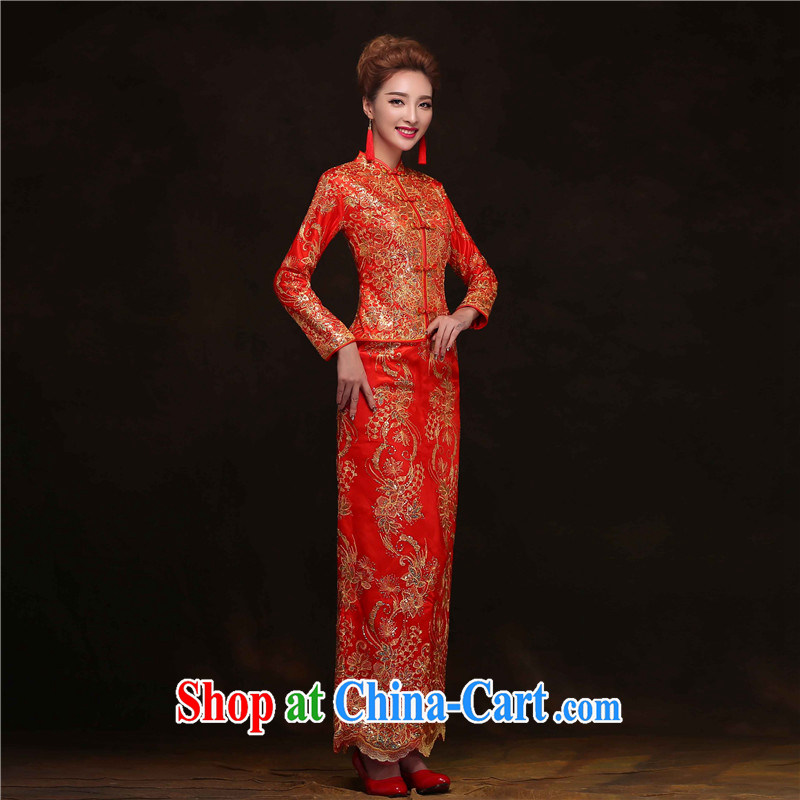 2015 spring new cheongsam Chinese wedding dress show reel service long, long-sleeved cotton bows clothing autumn and winter bridal dresses bows service back to door service XXL, diffuse Connie married Yi, shopping on the Internet