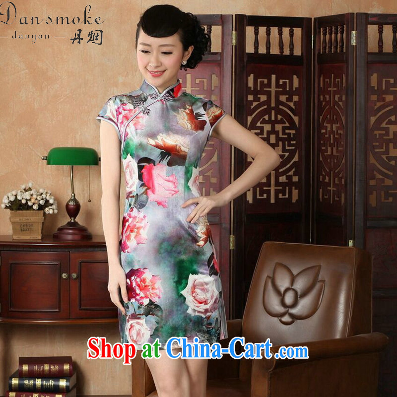 Bin Laden smoke dresses summer new women with Chinese improved, for stretch-wool painting stylish classic short-sleeved short cheongsam as color 2XL, Bin Laden smoke, shopping on the Internet