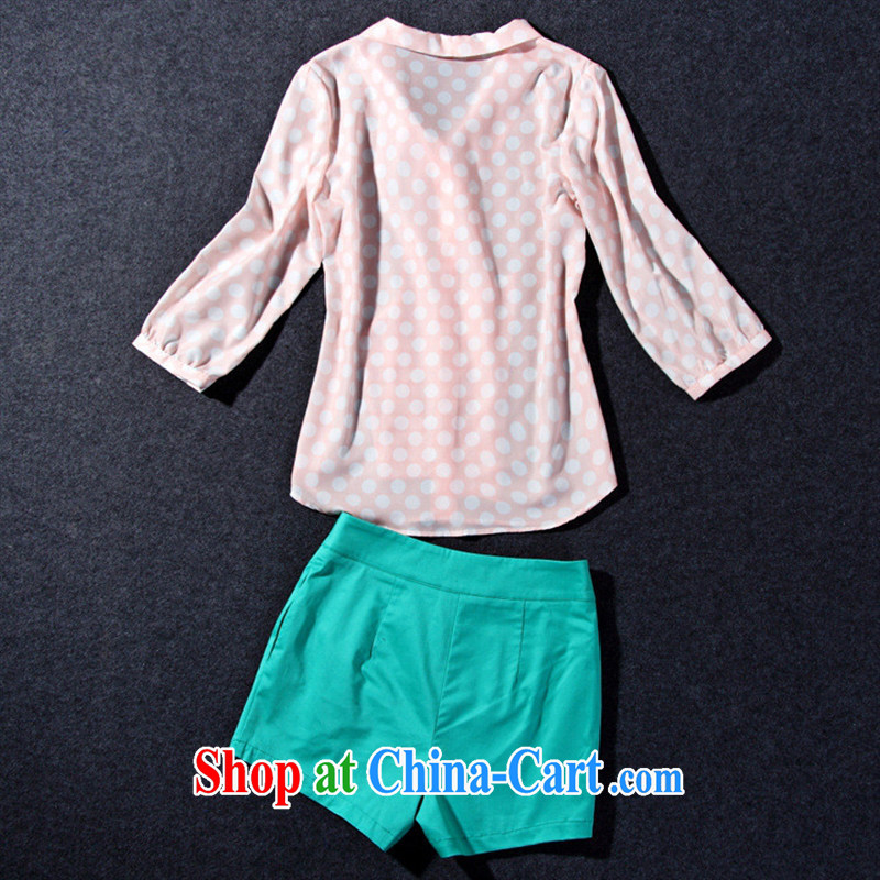Ya-ting store 2015 spring and summer new female stars with short interviews with V collar pink wave point snow woven T-shirt + shorts picture color L, blue rain bow, and shopping on the Internet