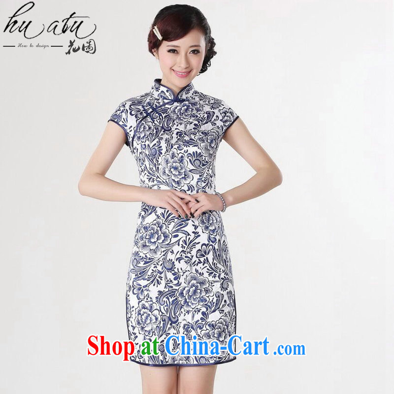 Take the 2015 summer dresses new female Chinese improved, full cotton blue and white porcelain graphics thin retro short cheongsam 4 color 2 XL
