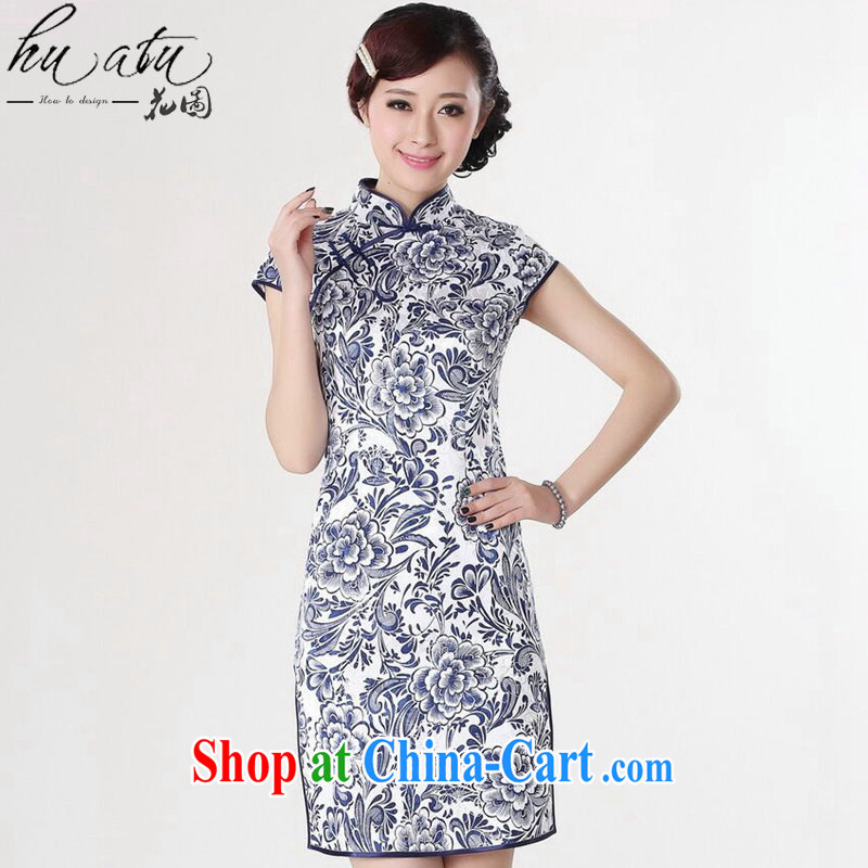 Take the 2015 summer dresses new female Chinese improved, full cotton blue and white porcelain graphics thin retro short cheongsam 4 color 2 XL, figure, and shopping on the Internet