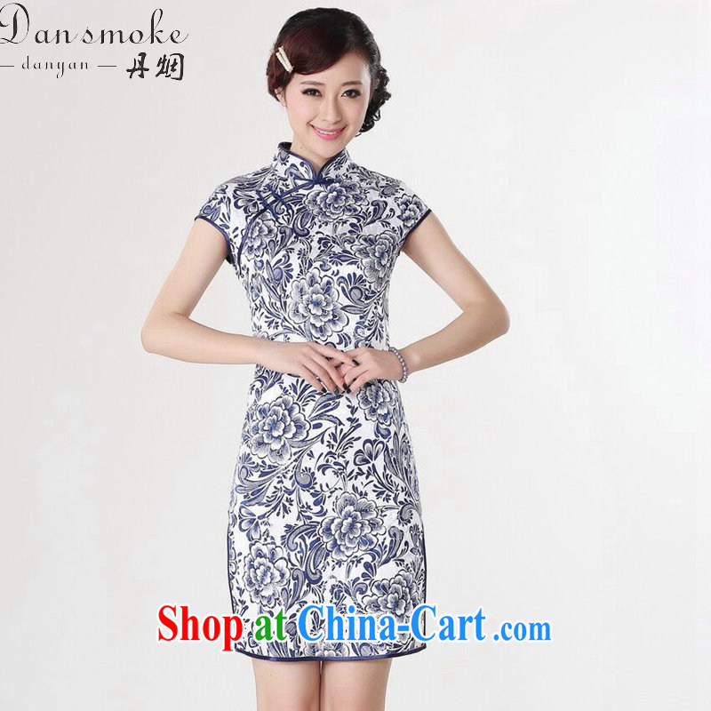 Dan smoke 2015 summer dresses new female Chinese improved, full cotton blue and white porcelain graphics thin retro short cheongsam 4 color M