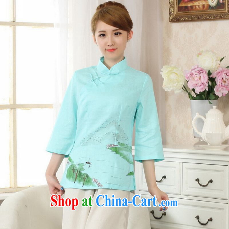 And Jing Ge female Tang Women's clothes summer T-shirt, for a tight hand-painted cotton the Chinese Han-female improved green 2 XL