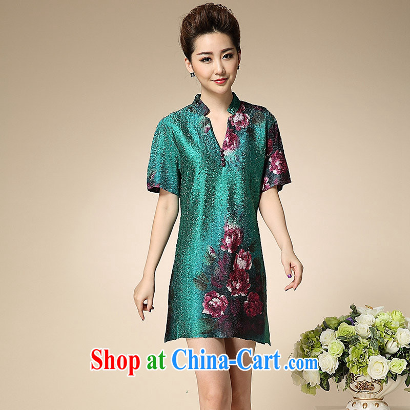 Summer 2015 women's clothing new short-sleeved Western sauna silk in the old code dresses outlet source free green XXXL