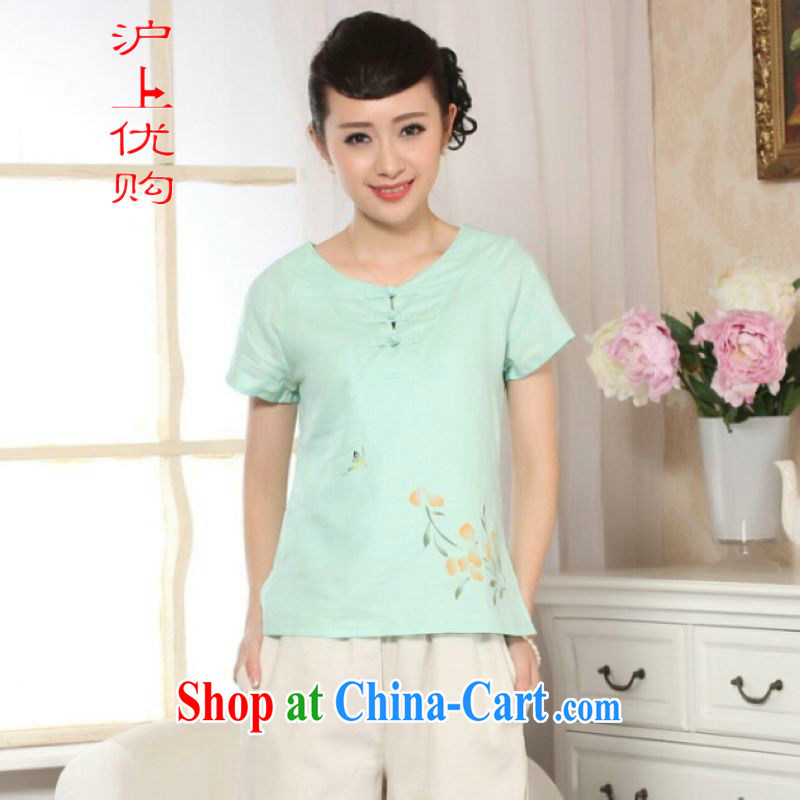 Shanghai optimization options female Tang Women's clothes summer T-shirt with a tight hand-painted cotton the Chinese Han-female improved green 2 XL