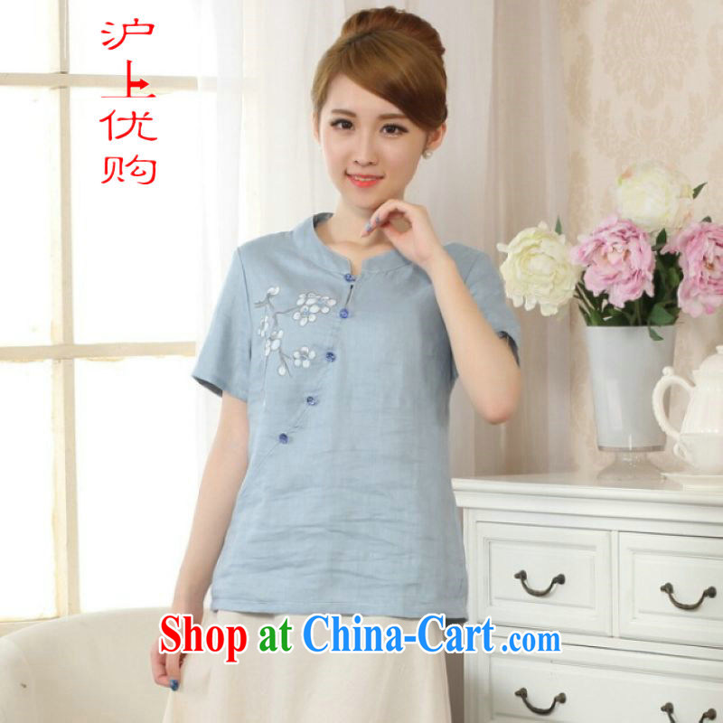 Shanghai, optimize purchase female Tang Women's clothes summer T-shirt with a tight hand-painted cotton the Chinese Han-female improved light blue 2 XL, Shanghai, optimize, and shopping on the Internet