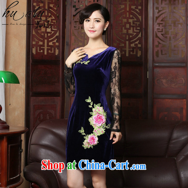 Take the spring and summer new improved cheongsam stylish velour cheongsam dress V for Chinese traditional embroidery lace cheongsam high female figure color 2 XL, spend figure, and, online shopping