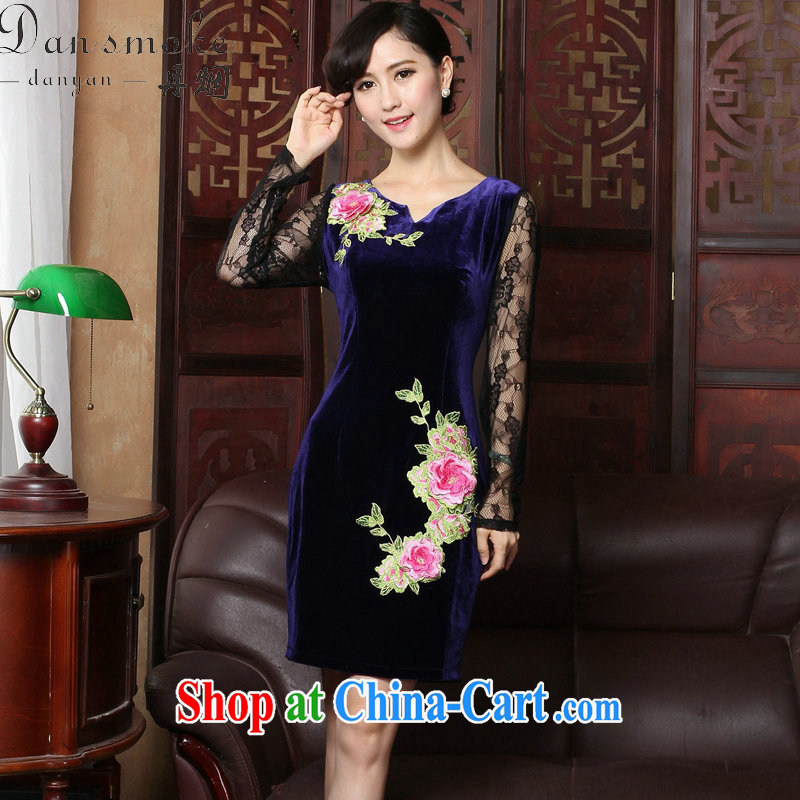 Bin Laden smoke spring and summer new, improved cheongsam stylish velour cheongsam dress V for Chinese traditional embroidery lace cheongsam high female figure color 2 XL, Bin Laden smoke, shopping on the Internet