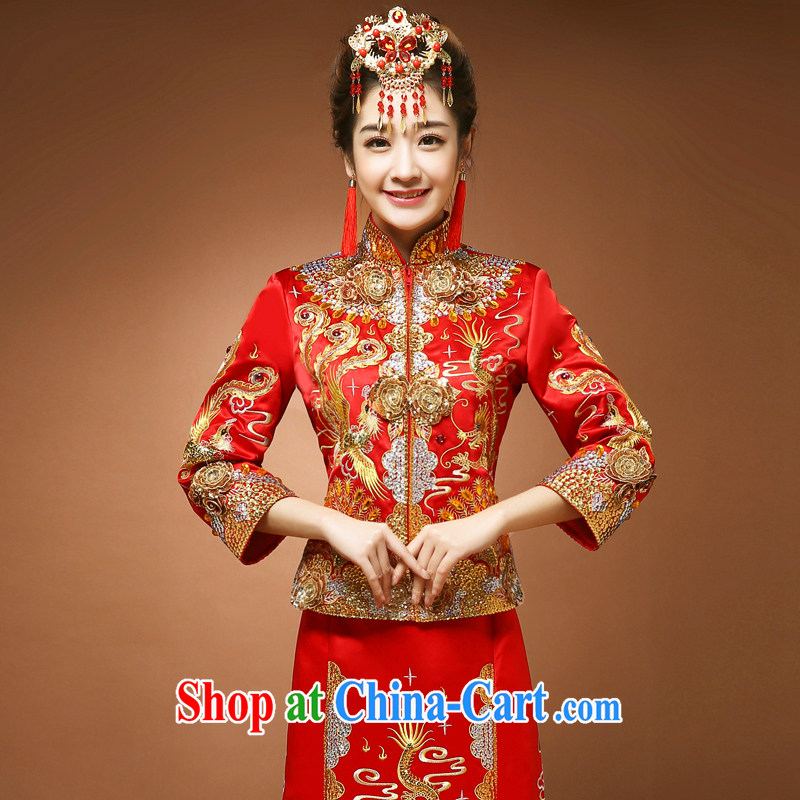 Serving a good solid show reel service spring bride Chinese wedding dress uniform toast wedding dresses use phoenix use skirt red 2 XL