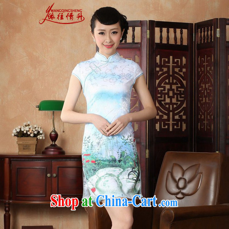 In accordance with the situation in summer new Chinese improved Chinese qipao is hard to take cotton short, cultivating Chinese cheongsam dress - A blue 2 XL