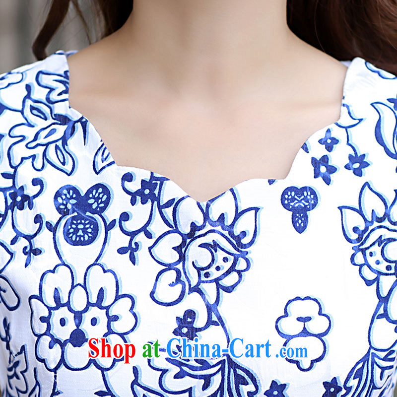 PCA spring and summer with new Chinese wind embroidered cultivating short-sleeved dresses blue and white porcelain cheongsam dress blue and white porcelain, XL Pca, shopping on the Internet