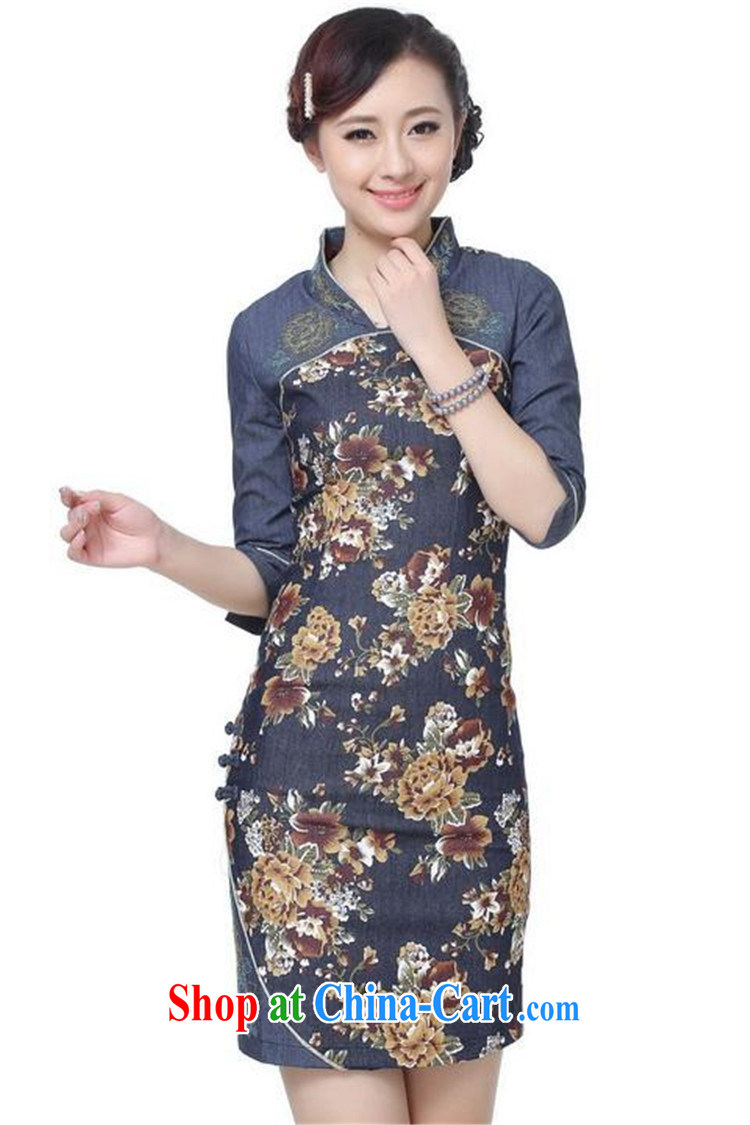 Take the 2015 spring and summer new cheongsam Tang Women's clothes Chinese improved Chinese V the collar cowboy cotton stamp short cheongsam picture color 2 XL pictures, price, brand platters! Elections are good character, the national distribution, so why buy now enjoy more preferential! Health