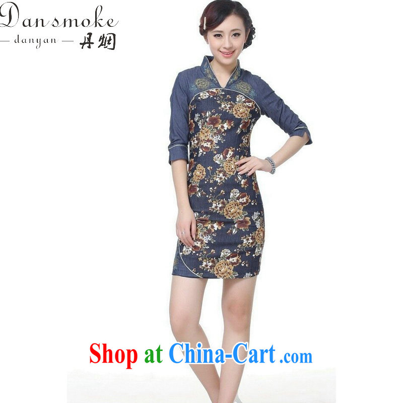 Bin Laden smoke 2015 spring and summer new cheongsam Tang Women's clothes Chinese improved Tang replace V the collar denim cotton stamp short cheongsam picture color 2 XL