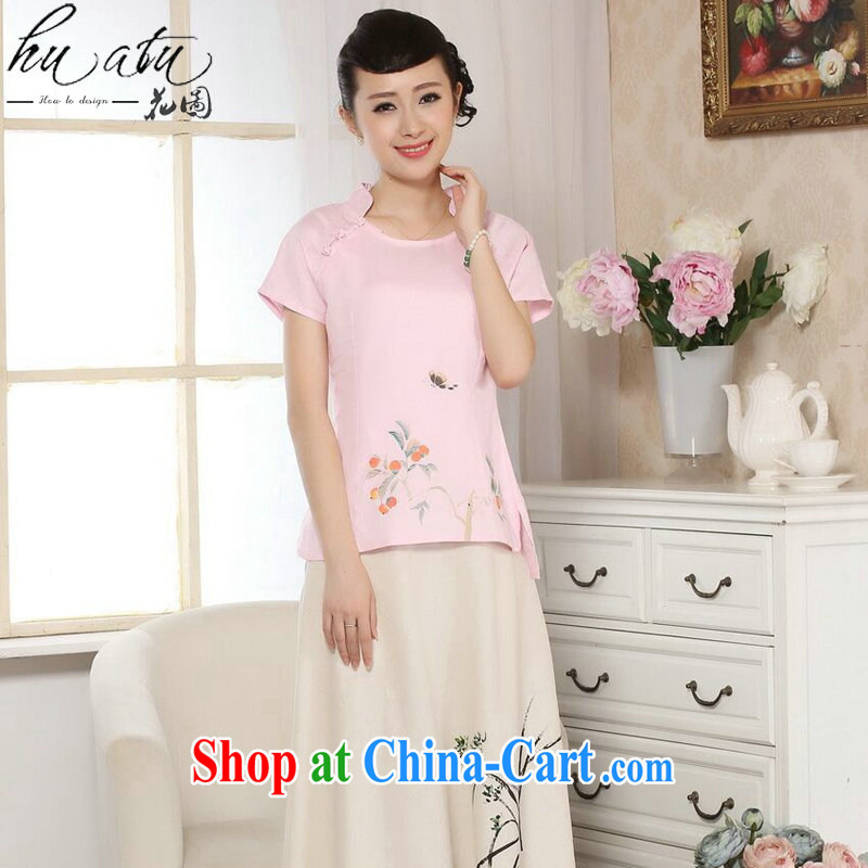spend the summer with new female Chinese Chinese improved retro hand-painted cotton Ma T-shirt ethnic wind original short-sleeved Tang on the pink T-shirt 2XL, figure, shopping on the Internet