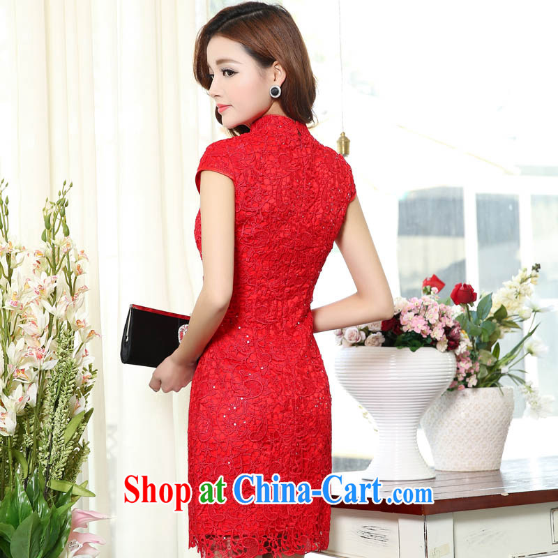 2015 spring sexy back exposed short lace cheongsam dress Chinese red bridal wedding toast clothing dress women's clothing dresses 1501 photo color S, Xin Wei, and shopping on the Internet