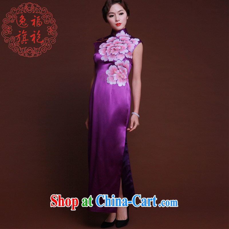 once and for all, dark green heavy Silk Dresses 2015 new Chinese Dress high-end custom hand painted dresses long purple tailored 20 day shipping