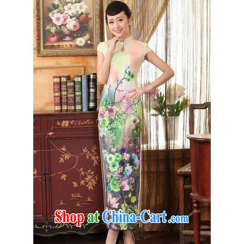 Shanghai optimization option, Ms. Tang cheongsam with Diane Fong water droplets short-sleeved cultivating long double cheongsam - A green 2 XL