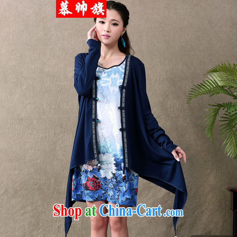 The handsome flag 2015 summer new ethnic wind antique dresses Web yarn stamp long-sleeved dress two-piece female 712 blue XXL, the handsome flag, shopping on the Internet