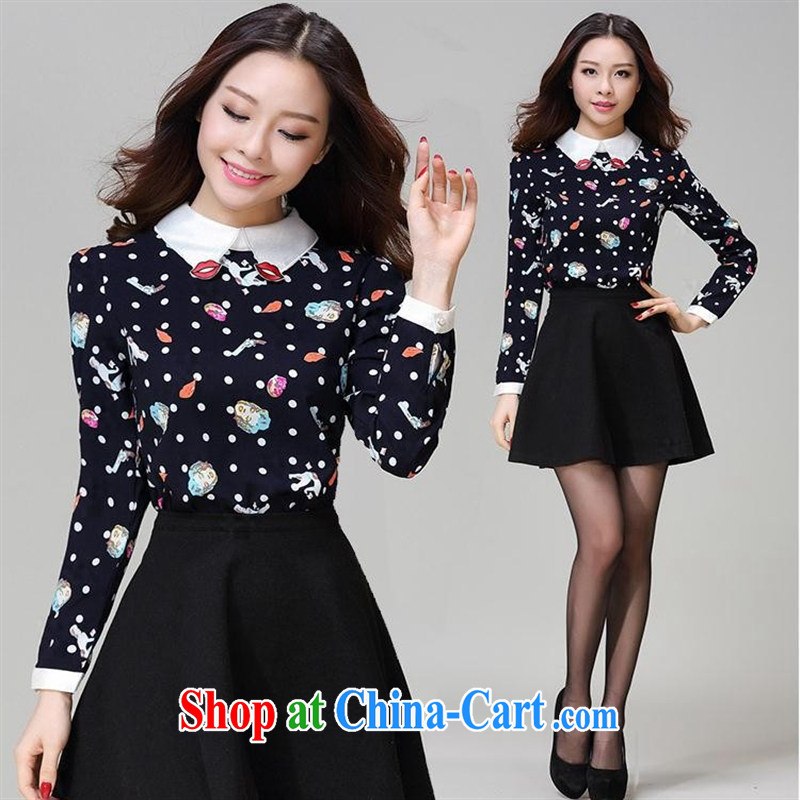 Ya-ting store 2015 spring new Korean female beauty graphics thin stamp long-sleeved baby collar solid shirt long-sleeved shirt T XXL suit, blue rain bow, and shopping on the Internet