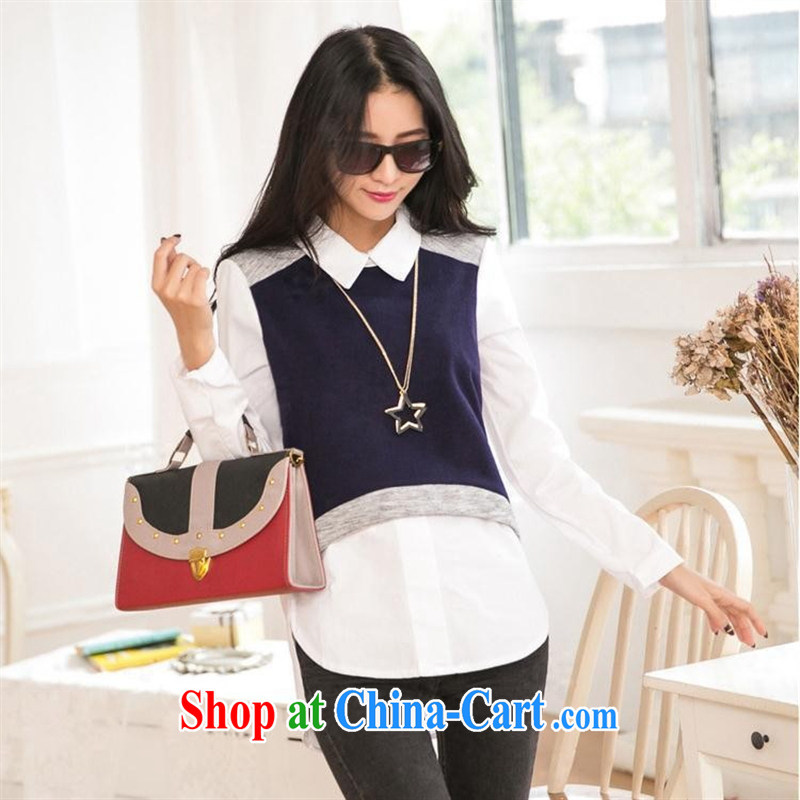Ya-ting store 2015 spring new Korean female beauty graphics thin fake two-piece stitching lapel long-sleeved T-shirt T-shirt woman blue L