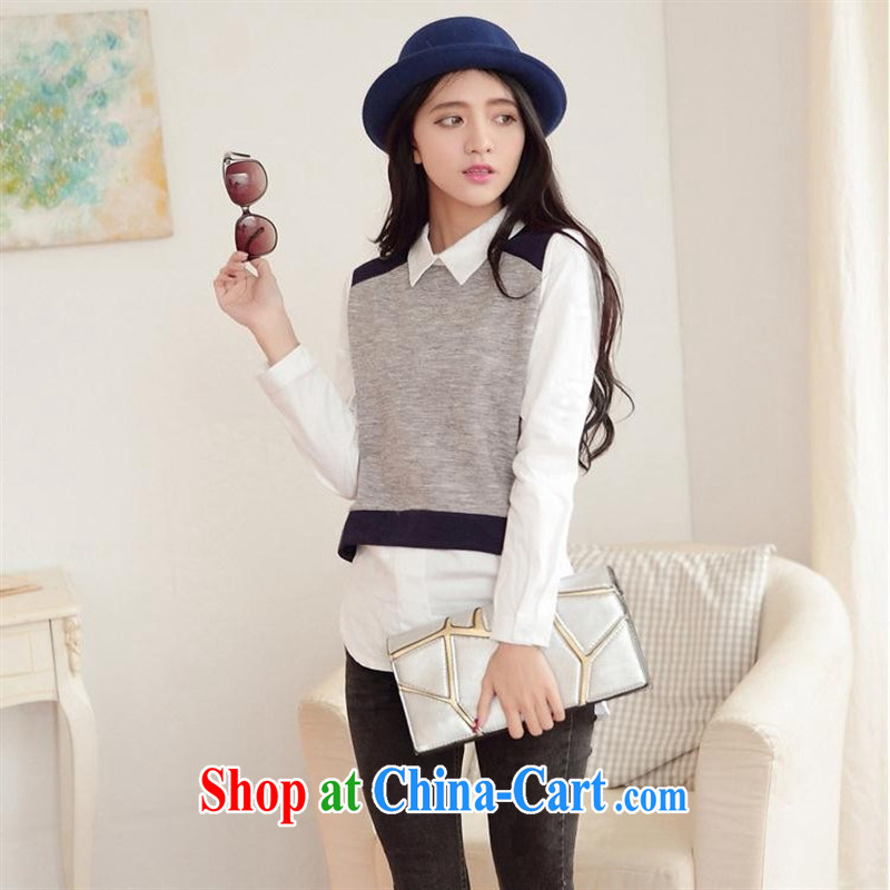 Ya-ting store 2015 spring new Korean female beauty graphics thin fake two-piece stitching lapel long-sleeved T-shirt T-shirt woman blue L, blue rain bow, and shopping on the Internet