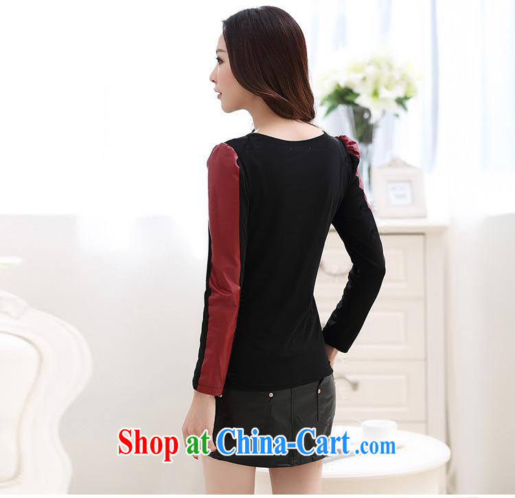 Ya-ting store the lint-free cloth solid T-shirt 2015 spring new Korean female lace stitching Pu leather round-collar long-sleeved T-shirt solid female Red XXL pictures, price, brand platters! Elections are good character, the national distribution, so why buy now enjoy more preferential! Health