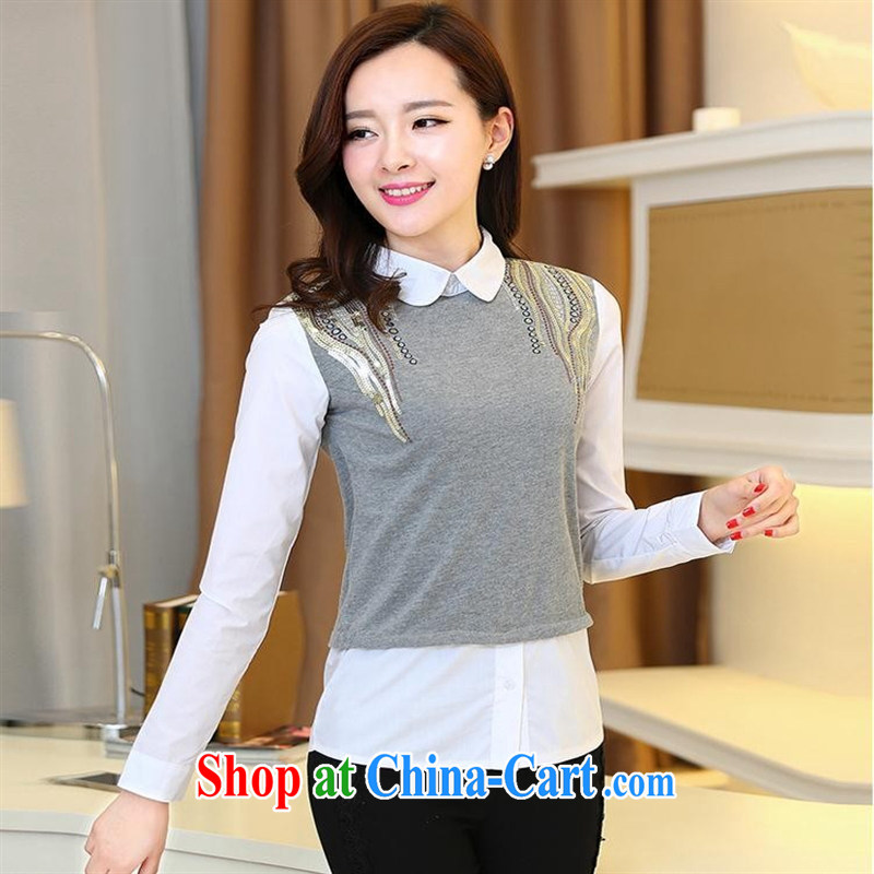Ya-ting store 2015 spring new Korean female beauty graphics thin shirt stitching leave of two T-shirts, trendy shirt black XXL, blue rain bow, and shopping on the Internet