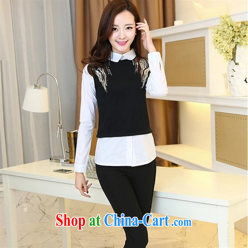 Ya-ting store 2015 spring new Korean female beauty graphics thin shirt stitching leave of two T-shirts, trendy shirt black XXL, blue rain bow, and shopping on the Internet