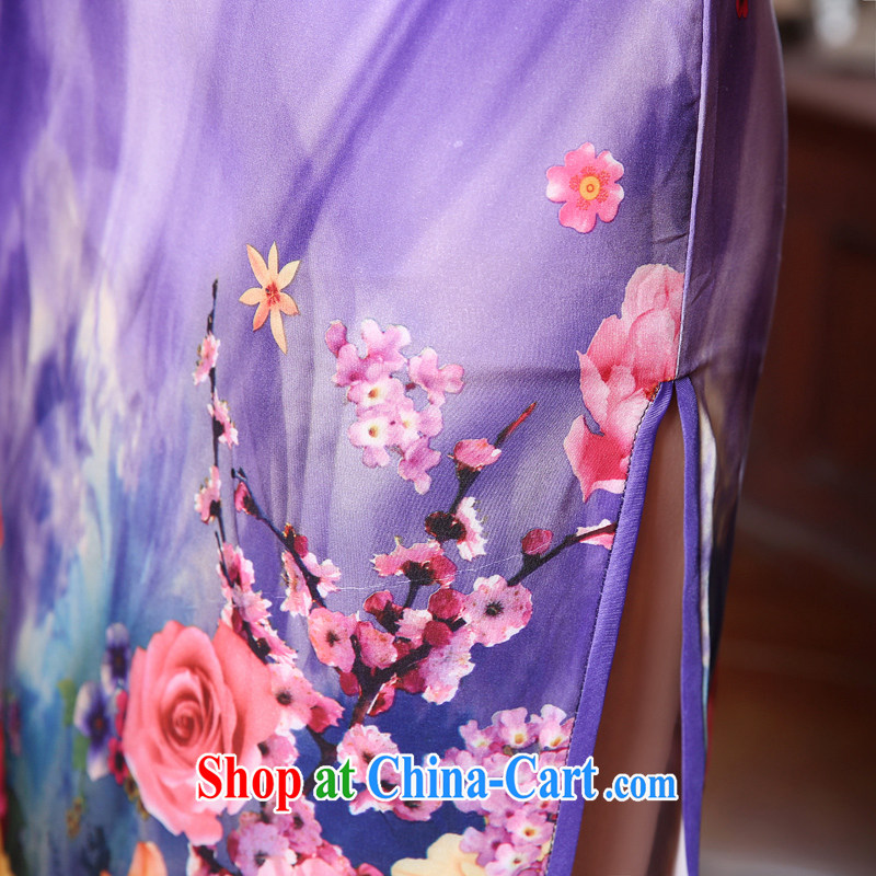 Morning dresses, new summer retro long improved stylish sauna silk silk Chinese qipao dress pink Purple light purple XXL morning land, shopping on the Internet