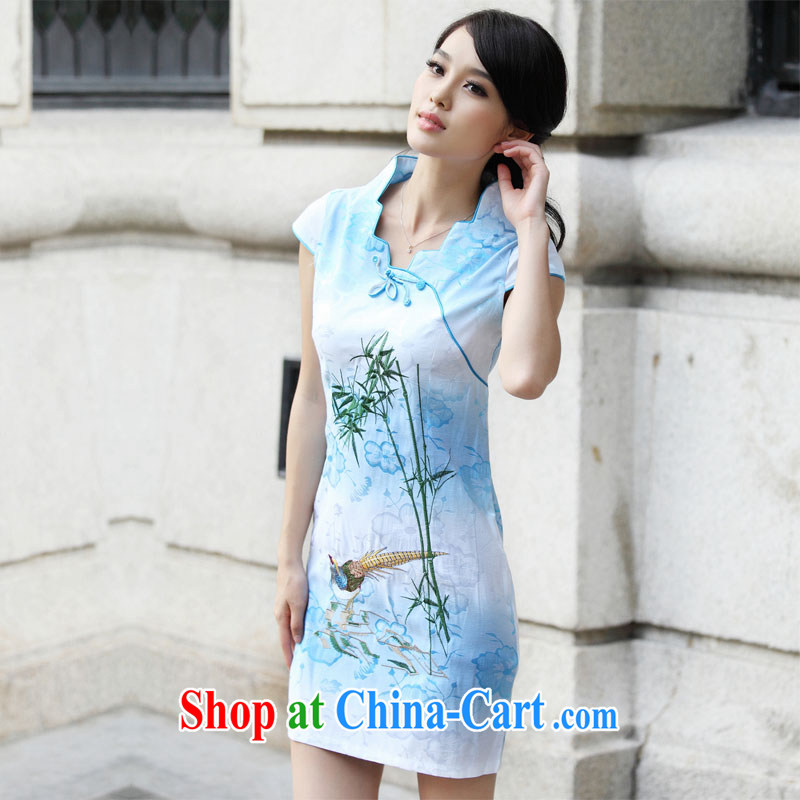 O, the 2015 summer new cheongsam Chinese elegant and modern-day dresses short-sleeve Slim and elegant 100 Ground Sense of short A 6910 blue XL, O, and the United States (Aoqimei), shopping on the Internet