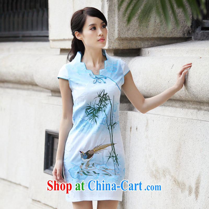 O, the 2015 summer new cheongsam Chinese elegant and modern-day dresses short-sleeve Slim and elegant 100 Ground Sense of short A 6910 blue XL, O, and the United States (Aoqimei), shopping on the Internet