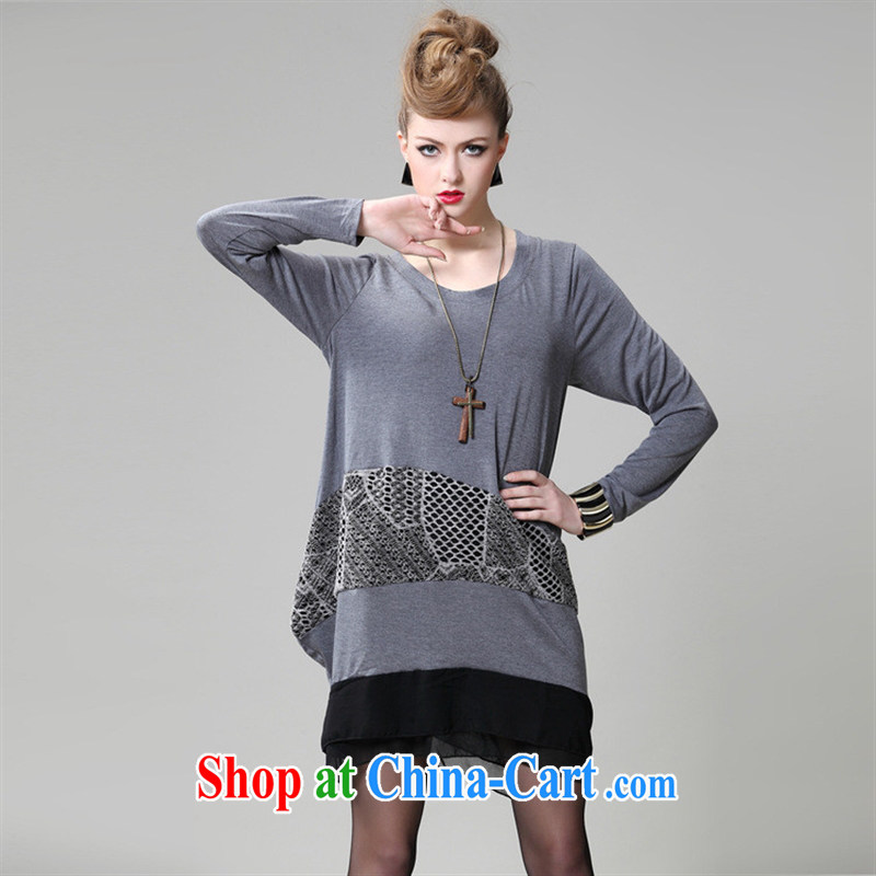2015 new, modern Europe and loose the code with the successive skirts long-sleeved round neck irregular skirt gray are code