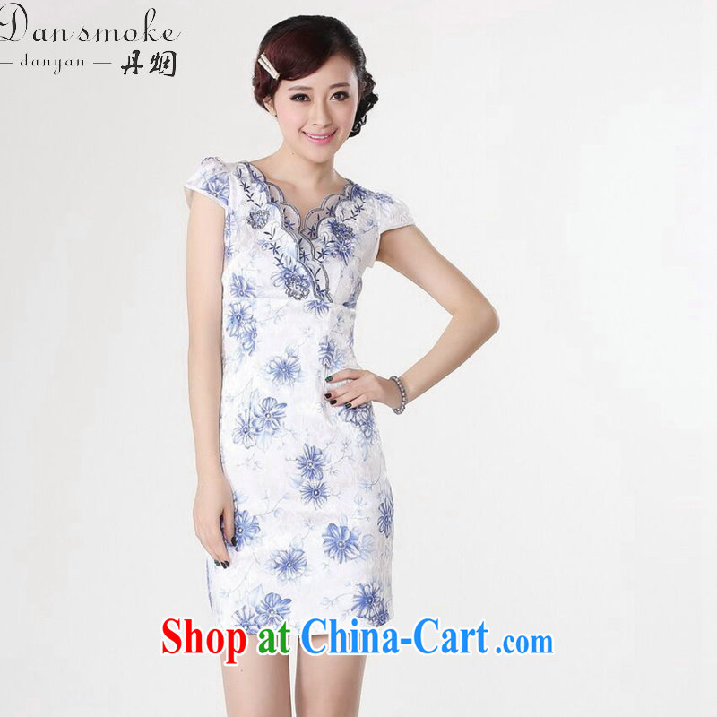 Dan smoke summer dresses Women's clothes Chinese New Chinese improved Chinese qipao short-sleeve embroidered V collar short dresses, such as the color 2 XL, Bin Laden smoke, shopping on the Internet