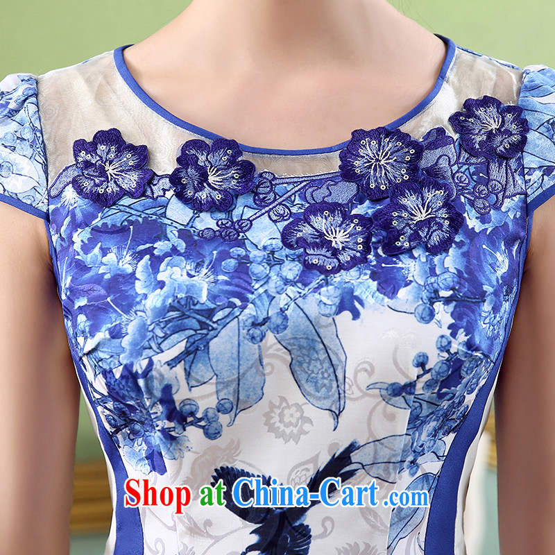 The CYD HO Kwun Tong' Chebi 2015 summer new stylish retro stamp dress improved cheongsam dress KD 5152 blue-and-white XL, Sau looked Tang, shopping on the Internet