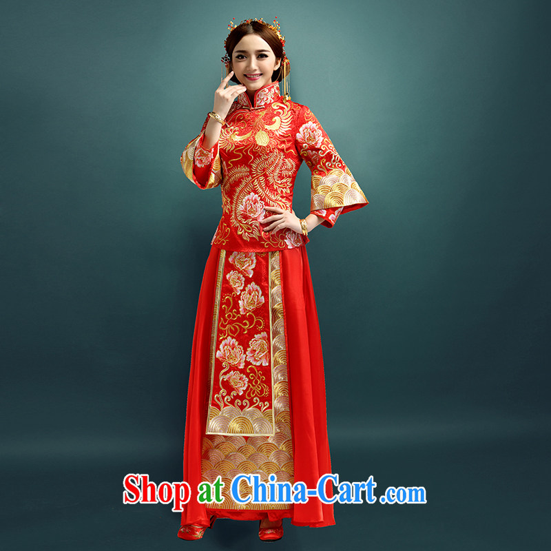 Mu Yao 2015 new Chinese mu Yao bride spring_summer is the pregnant women high-end show groups serving Phoenix and long, long-sleeved wedding dresses serving toast 2 piece embroidered red XL brassieres 96 CM