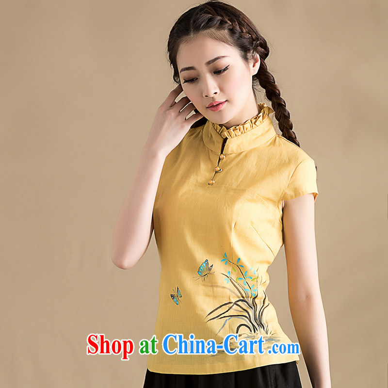 Seal, original cotton Ma Literary beauty graphics thin blouses spring elegant linen short-sleeve shirt T female yellow XL