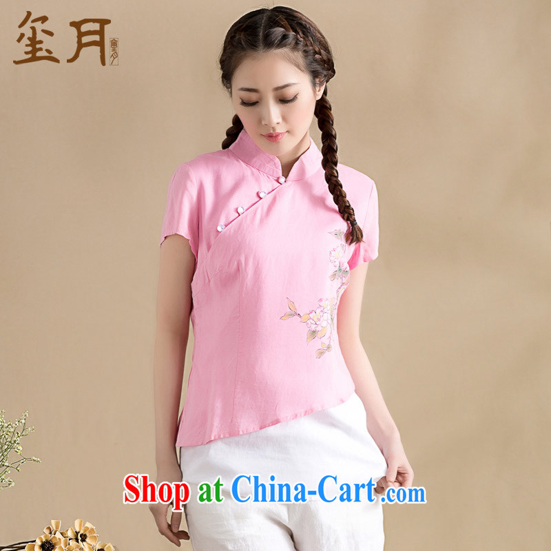 royal seal on the original cotton Ma blouses spring and summer arts stitching knocked color short-sleeved Chinese T-shirt hand-painted Chinese wind pink XXL seal, Yin Yue, shopping on the Internet