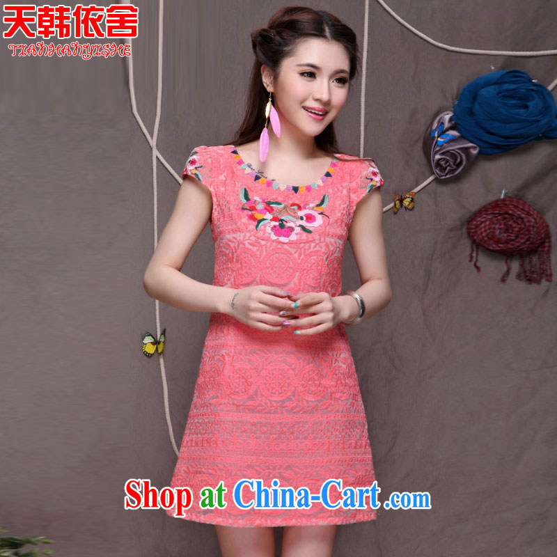 Days in accordance with Korea (ThYs) 2015 spring and summer round-collar short-sleeve embroidered embroidery lace-up waist cheongsam dress girls 6771 red XXL, according to Korea, and shopping on the Internet
