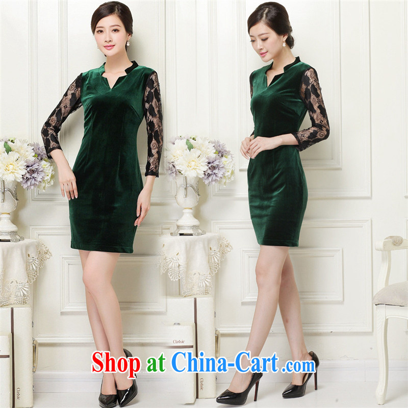 Ya-ting store autumn 2014 new female velvet cheongsam beauty deep V collared 7 cuff antique dresses emerald XL