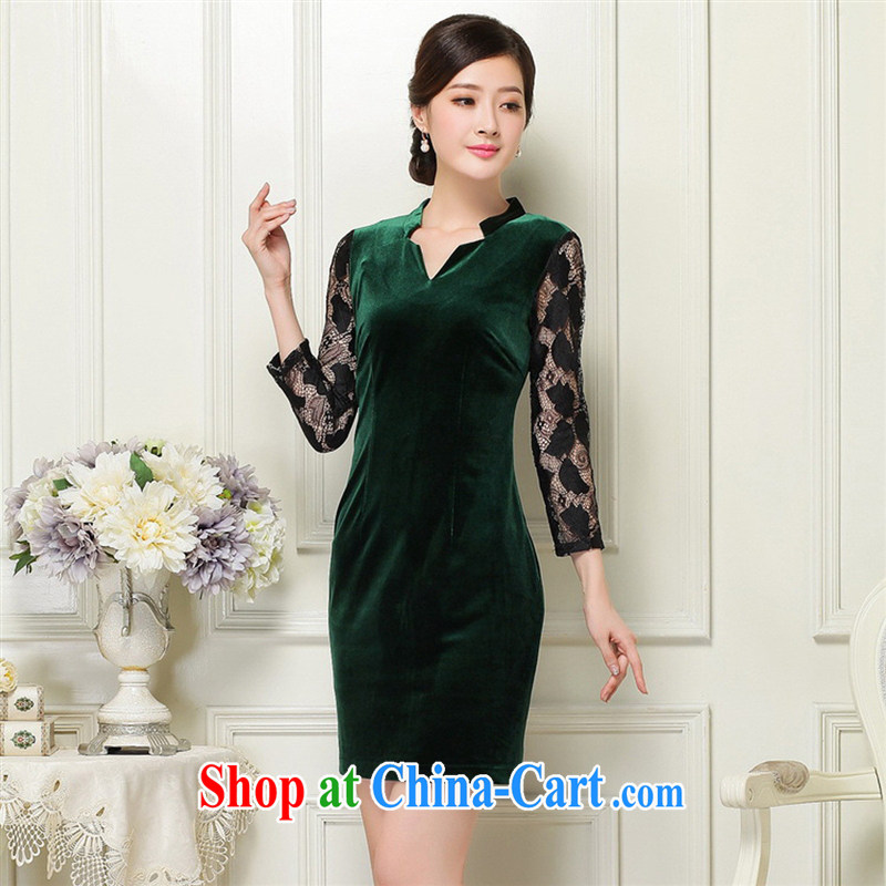 Ya-ting store autumn 2014 new female velvet cheongsam beauty deep V collared 7 cuff antique dresses XL dark green, blue rain bow, and shopping on the Internet