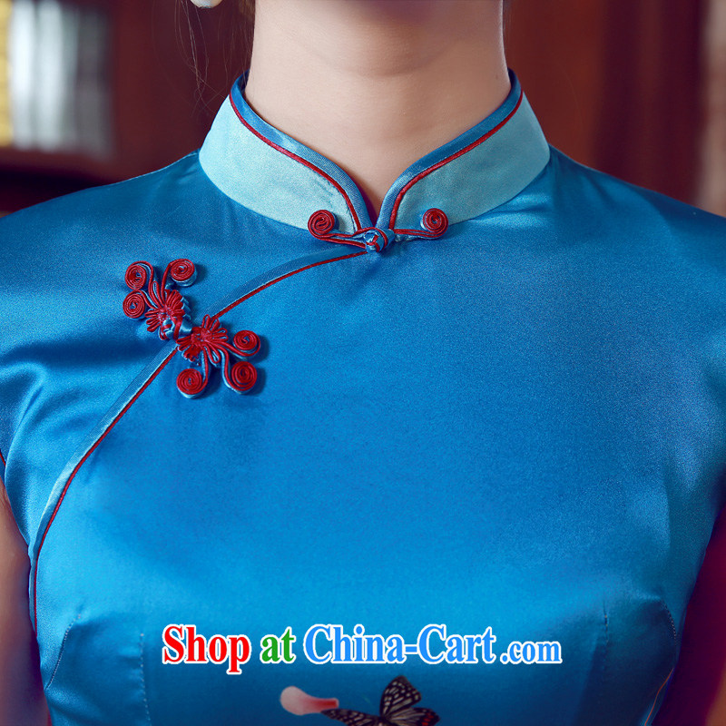 Morning dresses, new summer retro short improved stylish sauna silk silk Chinese qipao dress blue butterfly light blue XXL morning land, shopping on the Internet