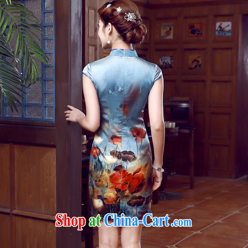 Morning dresses, new summer retro short improved stylish sauna silk silk Chinese qipao dress blue, blue XXL morning land, shopping on the Internet