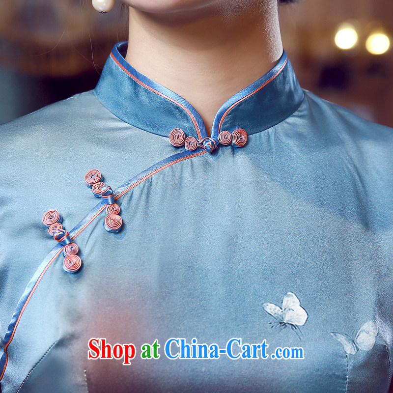 Morning dresses, new summer retro short improved stylish sauna silk silk Chinese qipao dress blue, blue XXL morning land, shopping on the Internet