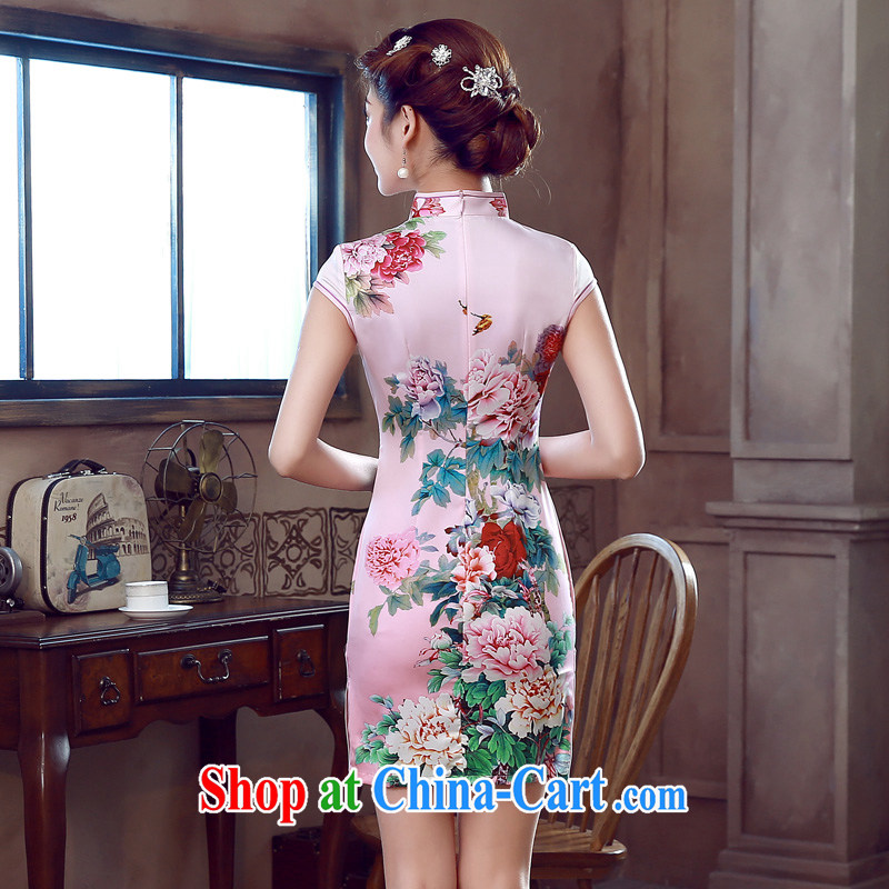 Morning dresses, new 2015 summer retro short improved stylish sauna silk silk Chinese qipao Peony pink M, morning land, shopping on the Internet