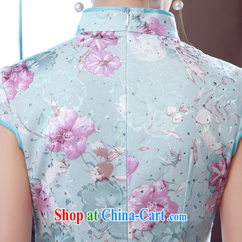 Morning love 2015 summer new stylish improved retro short cheongsam dress Chinese daily Pink Blue light blue XXL morning land, shopping on the Internet