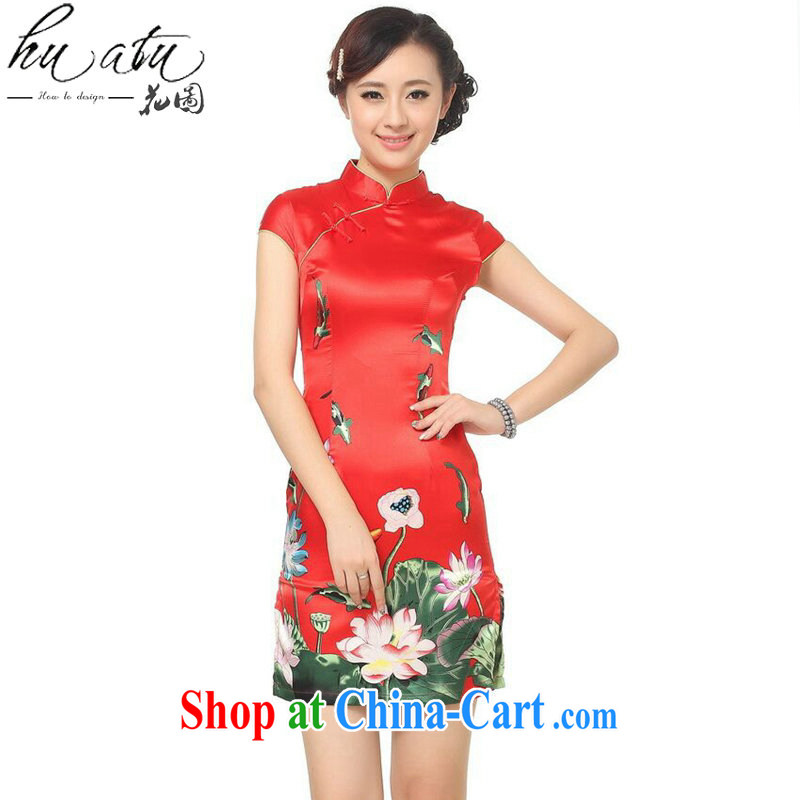 spend the summer outfit New female Chinese Chinese improved, for the Lotus damask stamp short cheongsam girls D 0183 - C red L, figure, and shopping on the Internet