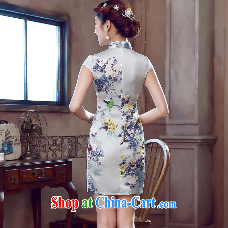 Morning, dresses new 2015 summer retro short improved stylish sauna silk silk Chinese qipao flower light gray 155/S morning land, shopping on the Internet